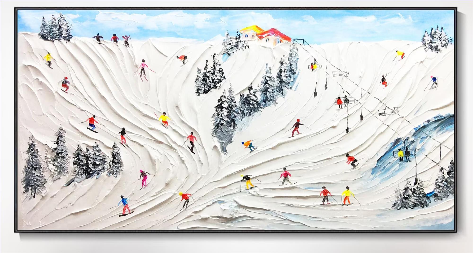 Skieur sur Montagne enneigée art mural Sport Noir Décor de salle de ski de neige par Couteau 15 Peintures à l'huile